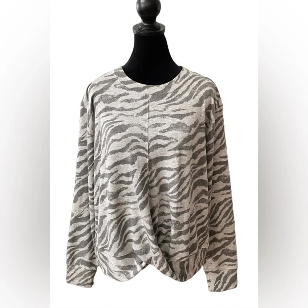 Knox Rose: Gray Zebra Print Sweatshirt with Twist Front